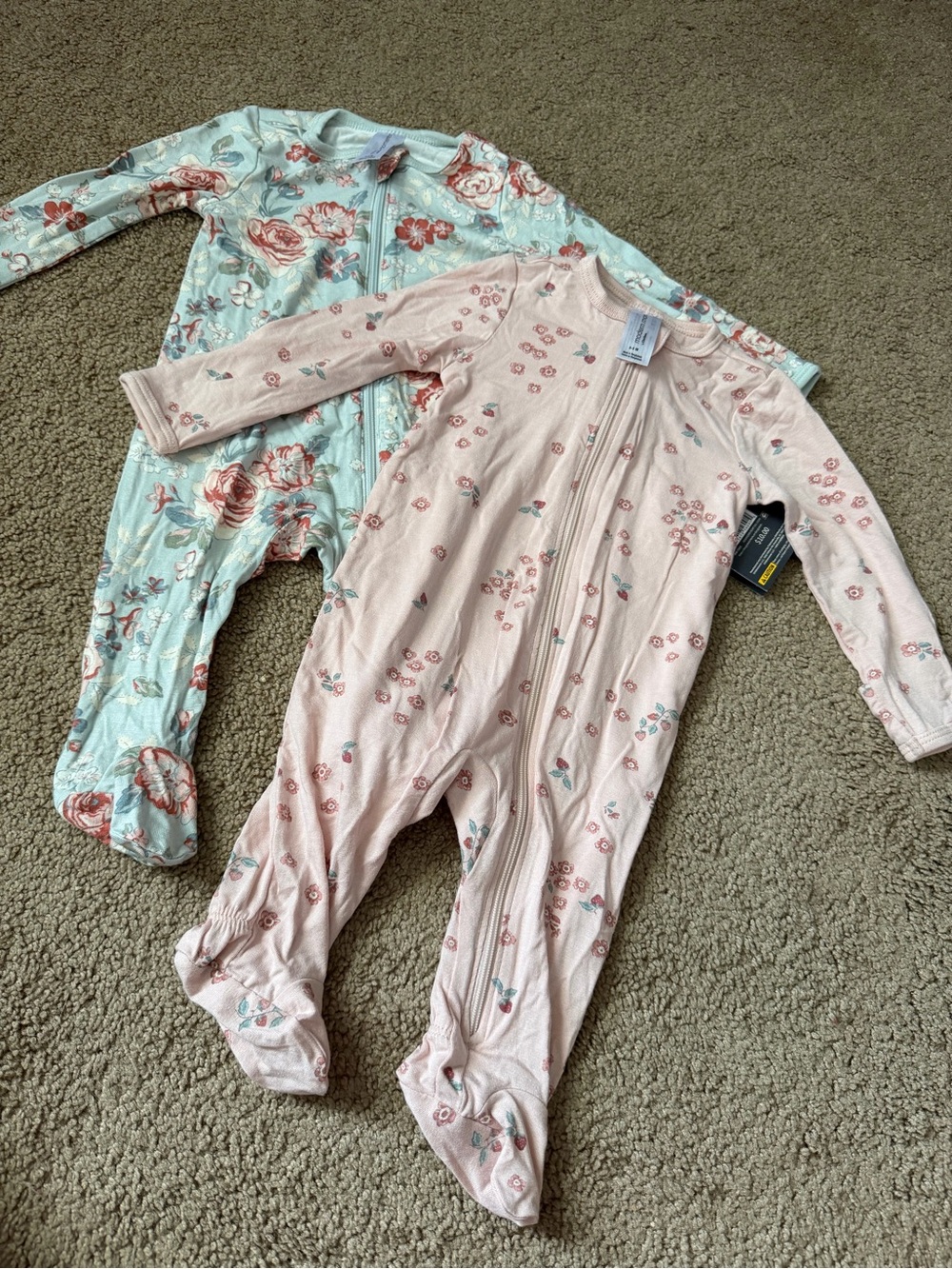 2pc Floral Zip-Front Baby Pajama Footed Onesies Pink & Mint modern moments 0-3M